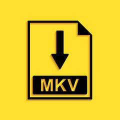 Poster - Black MKV file document icon. Download MKV button icon isolated on yellow background. Long shadow style. Vector.