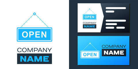 Poster - Logotype Hanging sign with text Open door icon isolated on white background. Logo design template element. Vector.