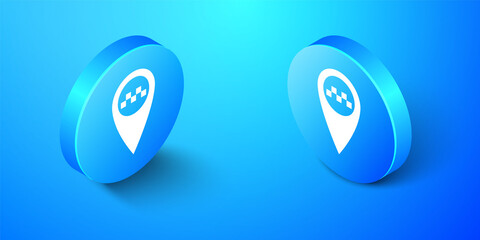 Fototapete - Isometric Map pointer with taxi icon isolated on blue background. Blue circle button. Vector.