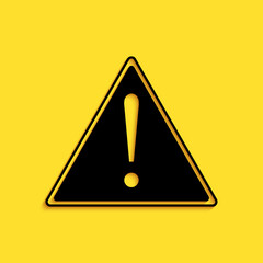 Poster - Black Exclamation mark in triangle icon isolated on yellow background. Hazard warning sign, careful, attention, danger warning important sign. Long shadow style. Vector.