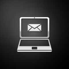 Leinwandbilder - Silver Laptop with envelope and open email on screen icon isolated on black background. Email marketing, internet advertising concepts. Long shadow style. Vector.