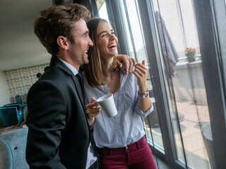 Poster - Handsome man and attractive woman are spending time together. Taking coffee break and communicating.