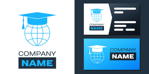 Poster - Logotype Graduation cap on globe icon isolated on white background. World education symbol. Online learning or e-learning concept. Logo design template element. Vector.