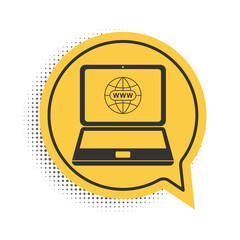Fototapete - Black Website on laptop screen icon isolated on white background. Globe on screen of laptop symbol. World wide web symbol. Yellow speech bubble symbol. Vector.