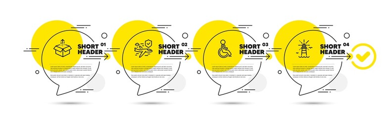 Aufkleber - Flight insurance, Disabled and Send box line icons set. Timeline infograph speech bubbles. Lighthouse sign. Full coverage, Handicapped wheelchair, Delivery package. Navigation beacon. Vector