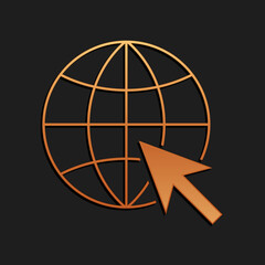Poster - Gold Go To Web icon isolated on black background. Globe and cursor. Website pictogram. World wide web symbol. Long shadow style. Vector.