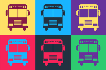Poster - Pop art School Bus icon isolated on color background. Vector.