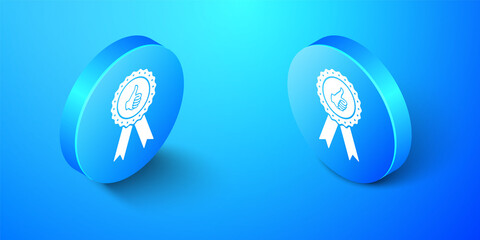 Poster - Isometric Thumbs up on medal badge with ribbons icon isolated on blue background. Blue circle button. Vector.
