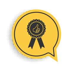 Poster - Black Thumbs up on medal badge with ribbons icon isolated on white background. Yellow speech bubble symbol. Vector.