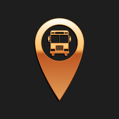 Fototapete - Gold Map pointer with bus icon isolated on black background. Long shadow style. Vector.