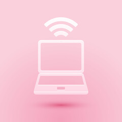 Poster - Paper cut Laptop and free wi-fi wireless connection icon isolated on pink background. Wireless technology, wi-fi connection, wireless network. Paper art style. Vector.