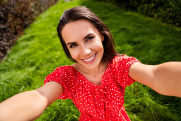 Poster - Photo of pretty charming young lady wear red off-shoulders dress sitting green grass taking selfie outside countryside