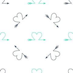 Poster - Green Cupid arrow heart, Valentines Day cards icon isolated seamless pattern on white background. Vector.