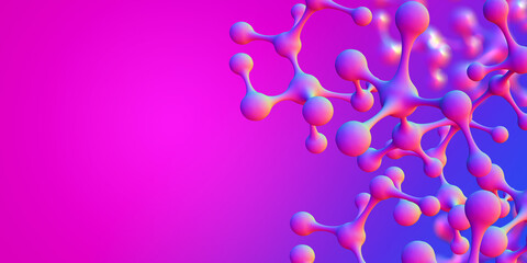 Aufkleber - Bright, colorful banner. Neon, purple, ultraviolet, pink and blue. Molecule 3D illustration. Science, education, research, innovation