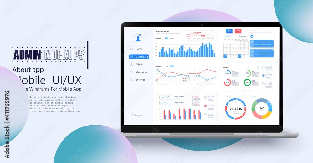 Dashboard, great design for any site purposes. Business infographic template. Vector flat illustration. Big data concept Dashboard user admin panel template design. Analytics admin dashboard. - obrazy, fototapety, plakaty 