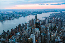 Aerial Of Freedom Tower And Manhattan  At Sunset, New York, USA
