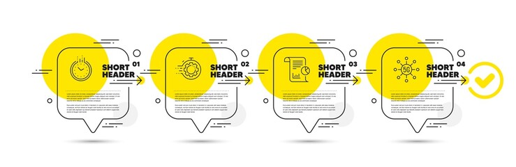 Poster - Seo timer, Time and Report line icons set. Timeline infograph speech bubble. 5g technology sign. Cogwheel, Clock, Work analysis. Wireless communication. Technology set. Vector