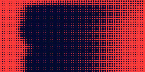 Poster - Halftone in abstract style. Geometric retro banner vector texture. Modern print. Dark blue and red background. Light effect