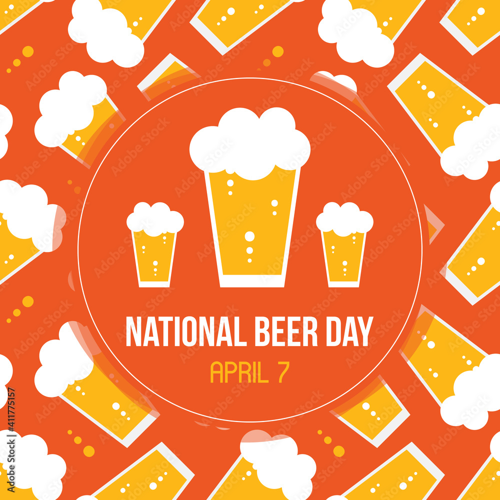 National Beer Day vector card, illustration with glass of lager and beer pattern background.
 - obrazy, fototapety, plakaty 