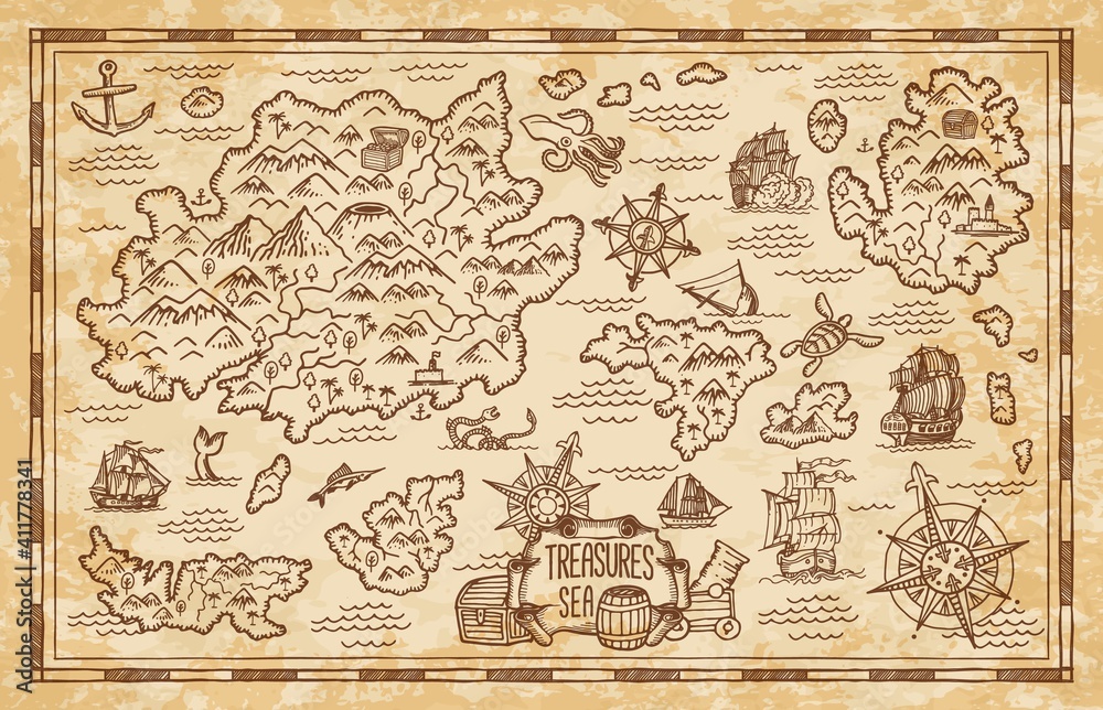 Old treasure map of pirate vector sketch with islands of Caribbean Sea ...