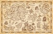 Old treasure map of pirate vector sketch with islands of Caribbean Sea, vintage nautical compass, pirate ships. Anchors, antique parchment, treasure chests and fantasy ocean monsters, adventure design