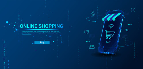 Poster - Online shopping. The concept of mobile marketing and e-commerce. Dark blue background. Online shopping, online store, e-commerce concept. Online shopping on application and website concept.