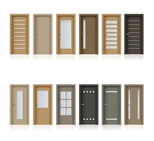 Interior Doors Isolated Vector Realistic Design Elements For Room Or Office Decoration, 3d Wooden Brown Doorways With Metal Doorknobs And Glass Windows. Domestic Or Hotel Closed Residential Doors Set