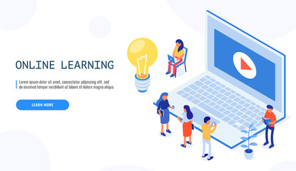 Poster - Online education. Workplace with video on laptop and tiny people. Isometric web banner. Vector illustration.