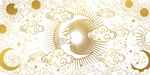 Wall Mural - Heavenly card for astrology, tarot, boho design. Golden crescent moon in the sky with clouds, moon and sun on a white background. Esoteric vector illustration of witchcraft, pattern