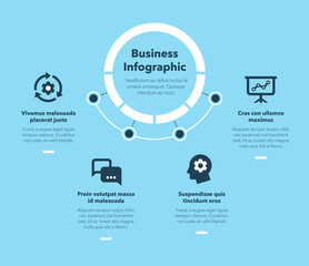 Simple concept for business diagram with four steps and place for your description - blue version. Flat infographic design template for website or presentation.