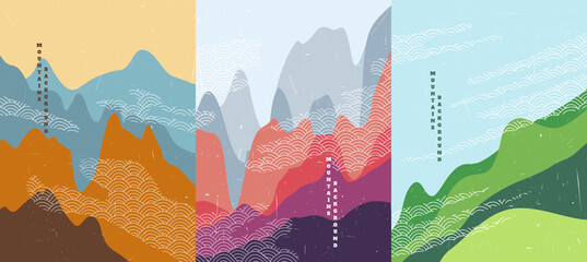 Vector illustration landscape. Vintage Asian style. Japanese pattern clouds. Hills background. Design for poster, book cover, web template, brochure.Aerial view. Mountain peak. Minimalist concept