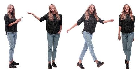 Wall Mural - collage of photos of a positive young woman in jeans