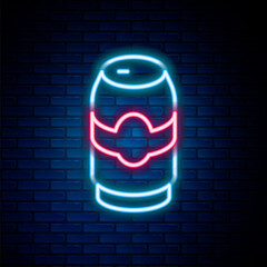 Poster - glowing neon line beer can icon isolated on brick wall background. colorful outline concept. vector.