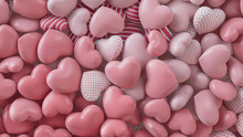 Multicolored Heart Background. Valentine Wallpaper With Pink, Polka Dot And Striped Love Hearts. 3D Render 