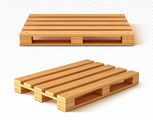 Wooden Pallet Front And Angle View. Wood Trays For Cargo Loading And Transportation. Freight Delivery, Warehousing Service Equipment Isolated On Transparent Background Realistic 3d Vector Illustration