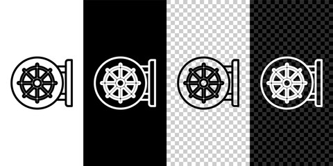 Sticker - Set line Dharma wheel icon isolated on black and white,transparent background. Buddhism religion sign. Dharmachakra symbol. Vector.