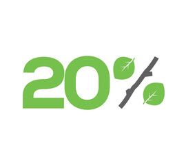 Canvas Print - Vector green 20% text designed with leaves and a stick (branch) percent icon isolated on white background. For spring sale campaigns. 