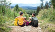 Rear view of family with small children hiking outdoors in summer nature, resting.