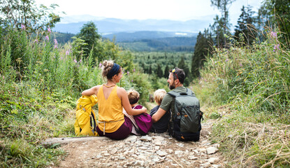 rear view of family with small children hiking outdoors in summer nature, resting.