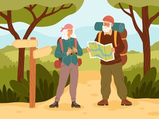 Senior couple vacation. Active elder people characters travel, grandfather and grandmother with backpack summer adventure, outdoor walking in woods. Trekking and hiking cartoon vector concept