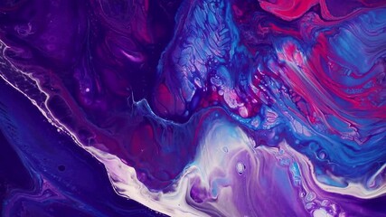 Wall Mural - Fluid art drawing footage, abstract acrylic texture with colorful waves. Liquid paint mixing backdrop with splash and swirl. Detailed background motion with purple, pink and blue overflowing colors