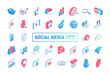 Isometric social media flat icons big set. 3d network concept symbols with chat, video, email, phone, like, music icons. Web illustration infographics collection
