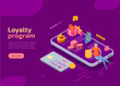 Cashback, reward or loyalty program isometric web banner. Discount card and man with cash coins, gifts on giant smartphone on violet background. Online shopping promotion offers for regular customers.
