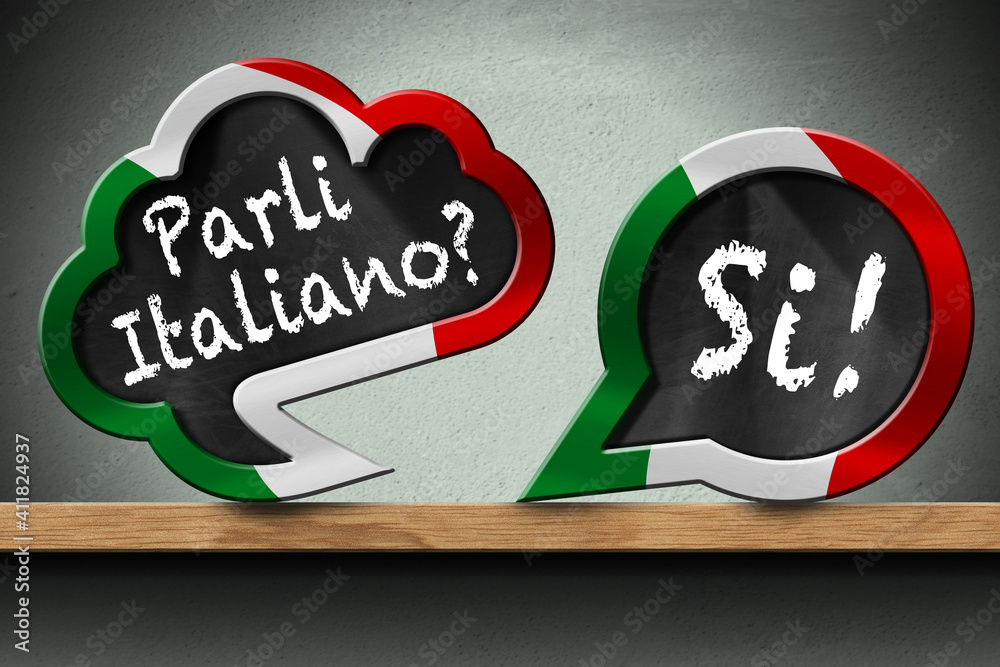 3D illustration of two speech bubbles with Italian flag and question Parli Italiano? and Si! (Do you speak Italian? and Yes!). On a wooden shelf with a wall on background. - obrazy, fototapety, plakaty 