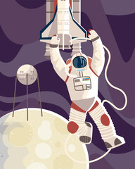 Wall Mural - astronaut in spacesuit satellite and shuttle on moon space