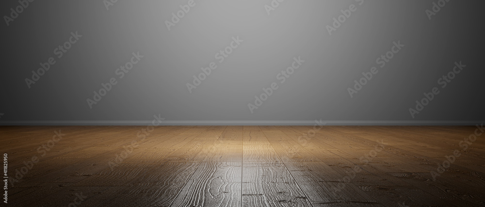 Old wood floor or table with white block wall in lighted room background for product placement - obrazy, fototapety, plakaty 