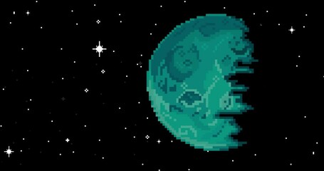 Poster - Pixel art space animation. Planet, stars, space. Pixel art 8 bit vector game retro