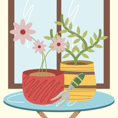 Sticker - home garden plant in pot and flowers with rake