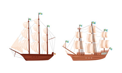 Wall Mural - old wooden ships with sails and fluttering flags vector set