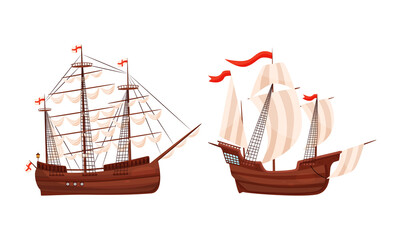 Wall Mural - old wooden ships with sails and fluttering flags vector set